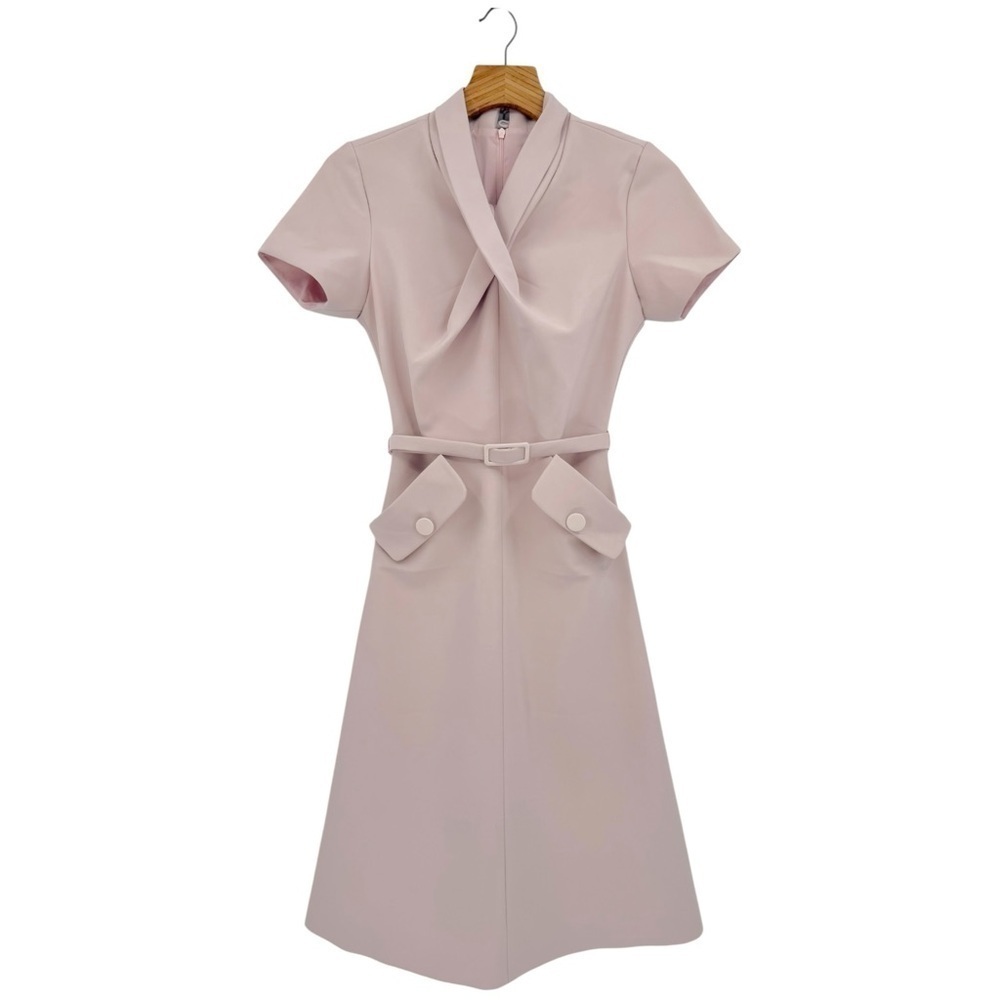 White Plan Helly Drap Pink A-Line Dress Belted Pocket Twist Front Size S - Picture 2 of 13